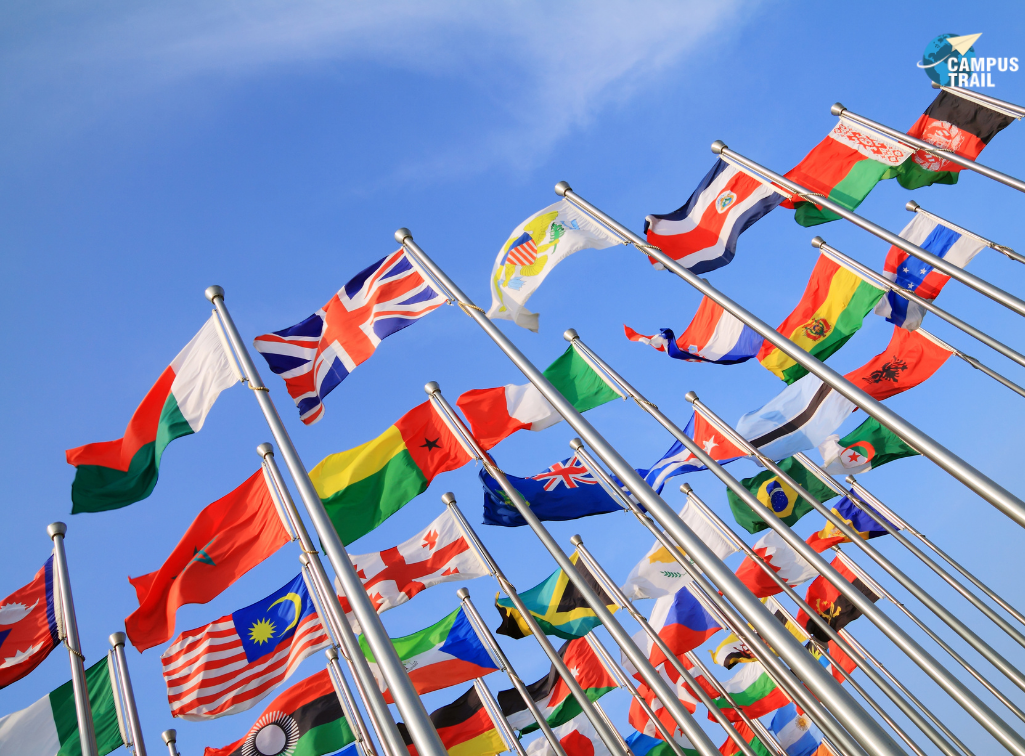 flags from various countries of the world against a blue sky